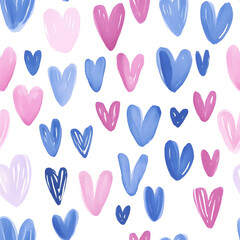 Seamless pattern with cute watercolor hearts for background. Pattern for Valentine's day. White bachground	
