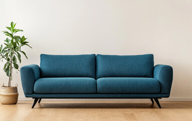 Comfortable teal sofa positioned against a neutral wall with a green plant nearby in a modern living room setup