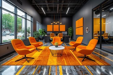 A room with orange chairs and a rug