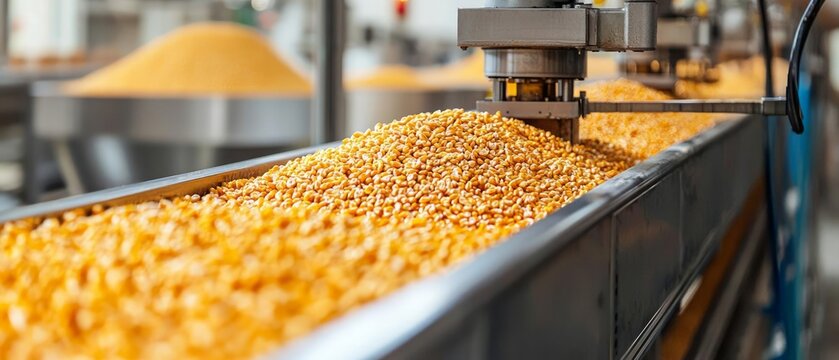 Close-up of granular yellow corn on conveyor belt in food processing facility.