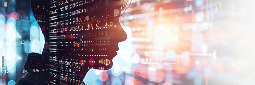 Poster silhouette of a person's head with code and data overlay, representing digital transformation.