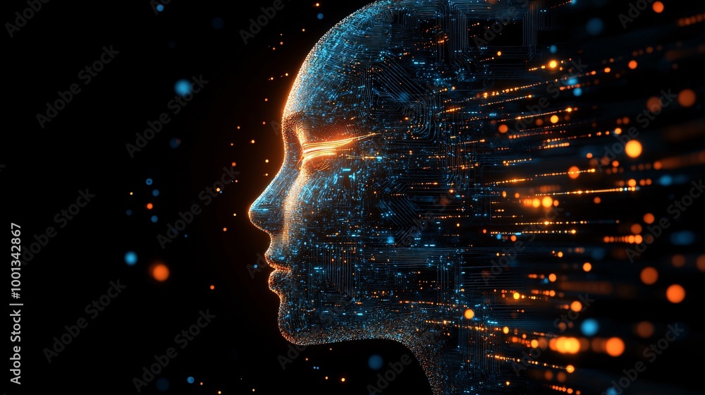 Aufkleber futuristic digital human face with glowing lines and dots representing artificial intelligence and t