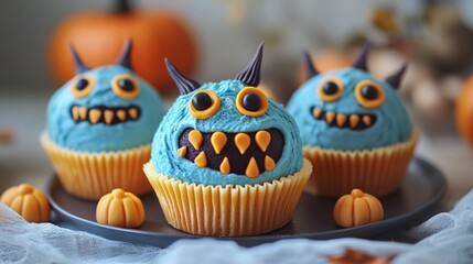 Halloween Monster Cupcakes with Blue Frosting and Chocolate Decorations on a Plate