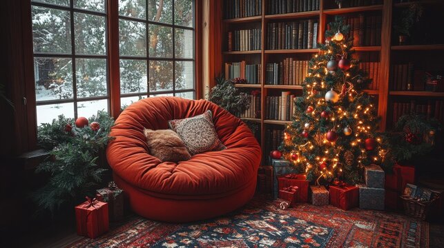 A cozy reading nook decorated for the holidays, featuring a small but beautifully lit Christmas tree