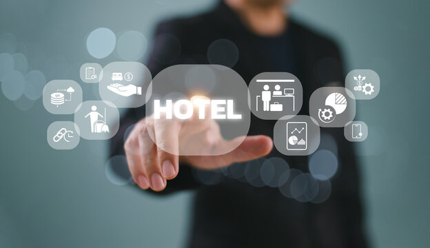 Hotel hospitality management service concept. Digital network business technology solution. Fintech plan stock market. Businessman use computer, Property Management System. Investment icon software