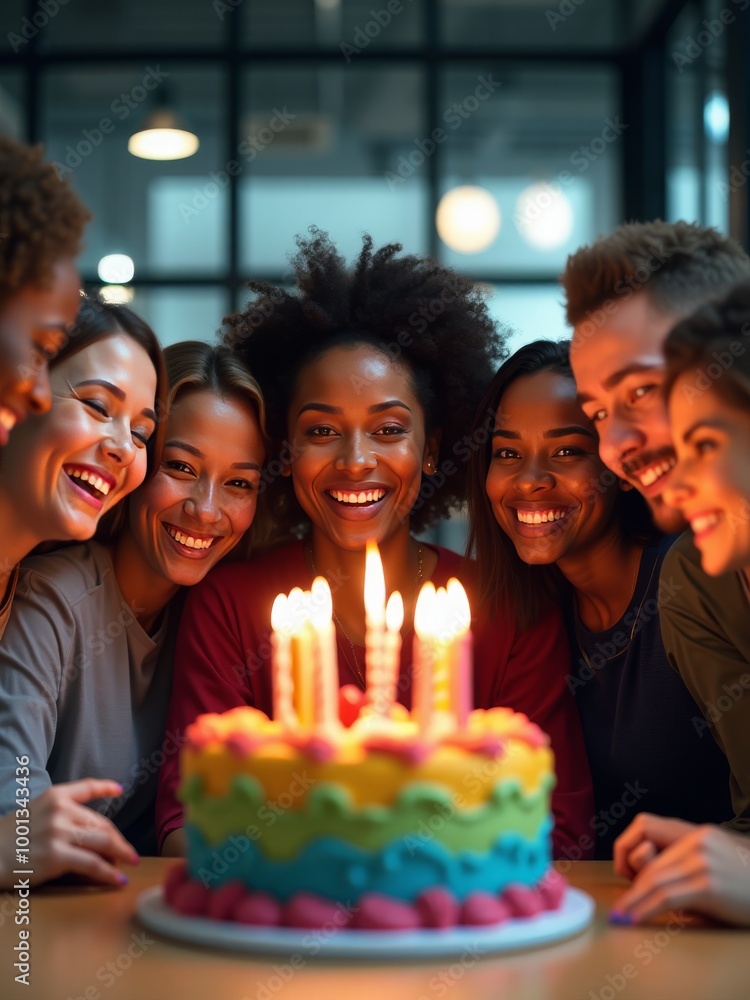 Wall mural celebrating together - a multicultural office birthday