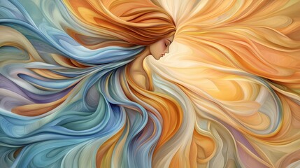 Ethereal beauty emerges as swirling colors dance around a serene figure in soft light