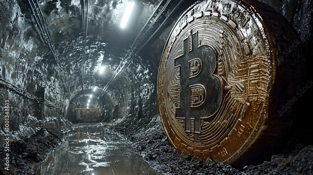 Poster underground bitcoin mining concept with large bitcoin symbol in a dark tunnel
