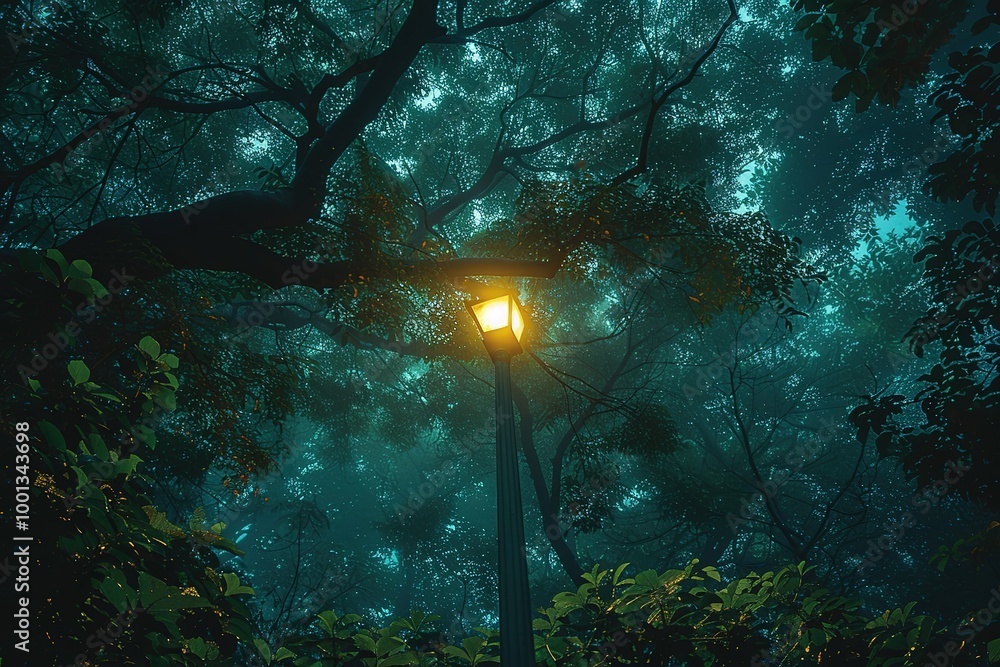 Poster a tree with a light shining on it in the middle of a forest