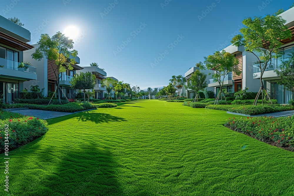 Poster a large, grassy field with a row of houses in the background