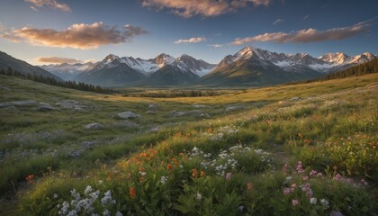 Fototapeta premium Breathtaking mountain landscape during golden hour, adorned with wildflowers and surrounded by majestic peaks in a secluded valley