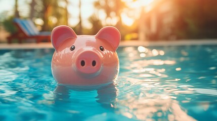 Pink Piggy Bank Floating in a Swimming Pool with Sunlight Reflections on Water Surface