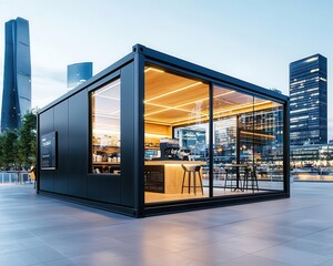 Contemporary container coffee shop exterior with matte black panels, open-air seating, and view of a park