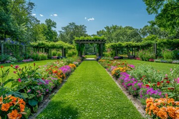 Fototapeta premium Lush Garden with Arbor and Colorful Flowers Under Clear Blue Sky