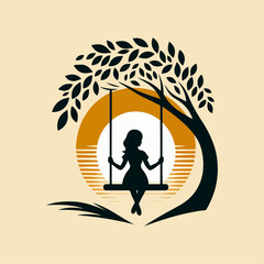 Silhouette of Girl  sitting on Tree Swing with Forest Animals and Falling Leaves.