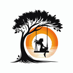 Silhouette of Girl  sitting on Tree Swing with Forest Animals and Falling Leaves.