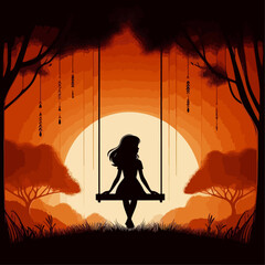 Silhouette of Girl  sitting on Tree Swing with Forest Animals and Falling Leaves.