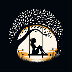 Silhouette of Girl  sitting on Tree Swing with Forest Animals and Falling Leaves.