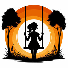 Silhouette of Girl  sitting on Tree Swing with Forest Animals and Falling Leaves.