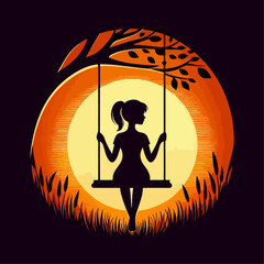 Silhouette of Girl  sitting on Tree Swing with Forest Animals and Falling Leaves.
