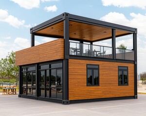 Modern container coffee shop exterior with glass walls, surrounded by lush greenery, minimalistic design