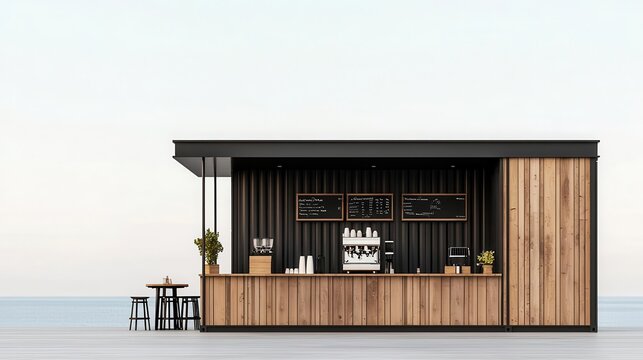 Stylish container coffee shop exterior with dark wood siding, outdoor seating, and ocean view