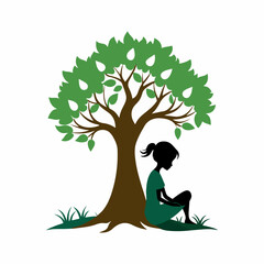 Stylized Girl Meditating Under Tree of Life with Heart and Falling Leaves.