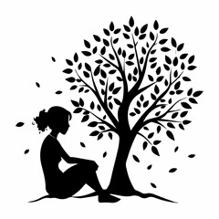 Stylized Girl Meditating Under Tree of Life with Heart and Falling Leaves.