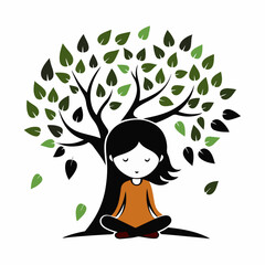 Stylized Girl Meditating Under Tree of Life with Heart and Falling Leaves.