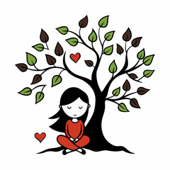 Stylized Girl Meditating Under Tree of Life with Heart and Falling Leaves.