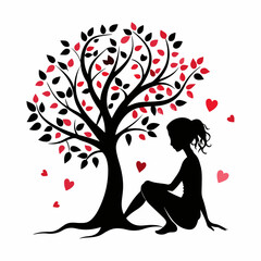 Stylized Girl Meditating Under Tree of Life with Heart and Falling Leaves.