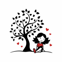 Stylized Girl Meditating Under Tree of Life with Heart and Falling Leaves.