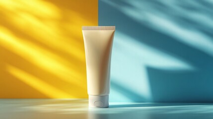 Minimalist Cosmetic Tube on Vibrant Yellow and Blue Background with Dramatic Shadows