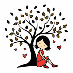 Stylized Girl Meditating Under Tree of Life with Heart and Falling Leaves.