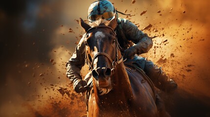 Naklejka premium Horse racing with jockey competing on a dirt track.