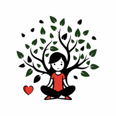 Stylized Girl Meditating Under Tree of Life with Heart and Falling Leaves.