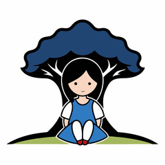 Stylized Girl Meditating of Life with Heart and Falling Leaves