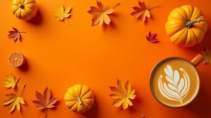 Autumn, flat layer with pumpkin and pumpkin spice latte on bright orange background, blank space for text