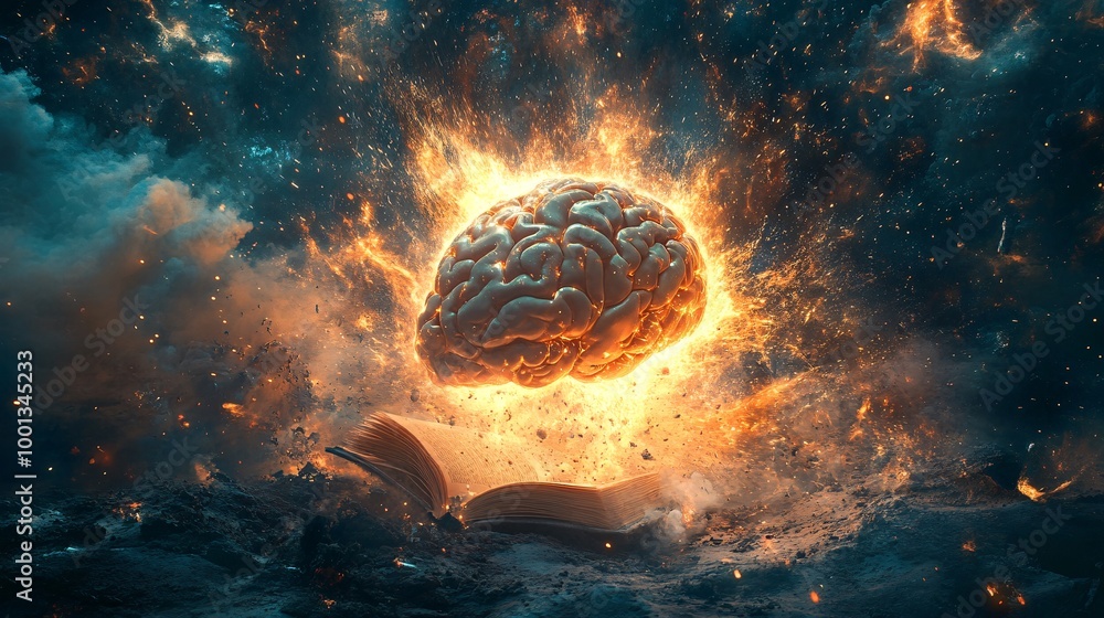 Poster explosive creativity concept - brain bursting with ideas and knowledge from an open book in a cosmic