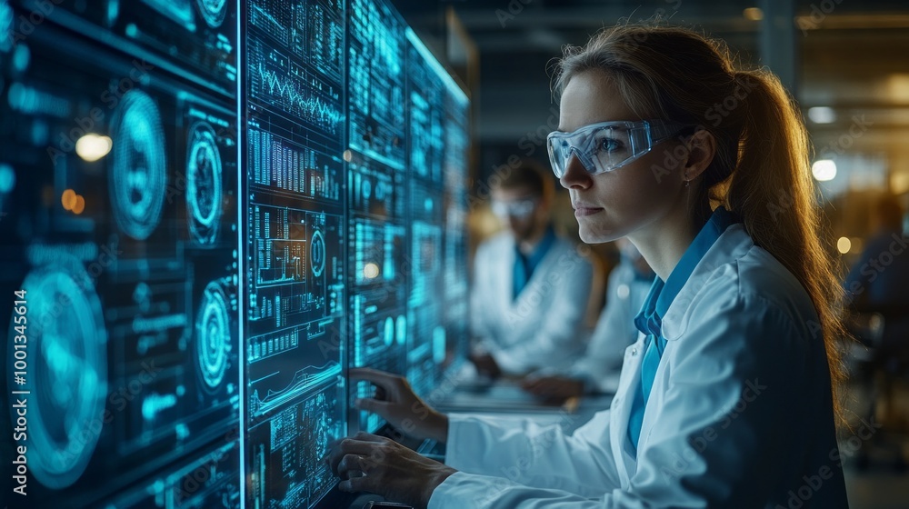 Poster a woman in a lab coat is looking at a computer screen with a lot of numbers