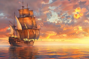 Obraz premium A majestic ship sailing on calm waters at sunset, surrounded by vibrant clouds.