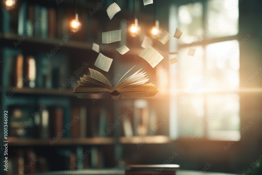 Poster magical floating book in cozy library setting
