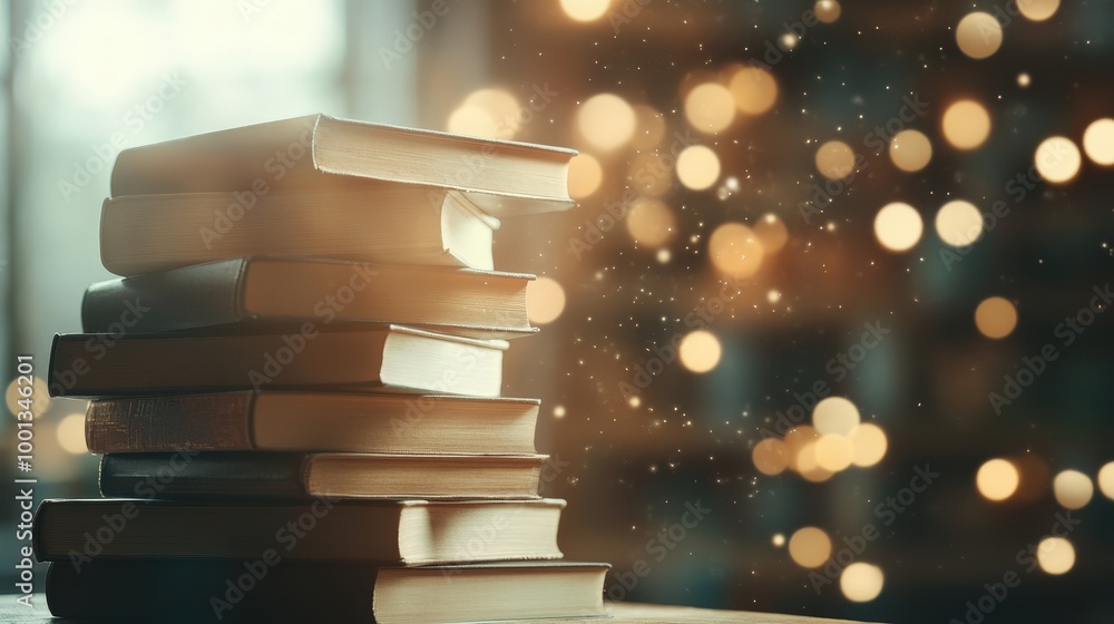 Poster stack of books with soft bokeh background