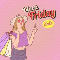Black Friday sale promotion banner or flyer design with retro or pop art style illustration. Vector.
