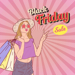 Black Friday sale promotion banner or flyer design with retro or pop art style illustration. Vector.