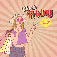Black Friday sale promotion banner or flyer design with retro or pop art style illustration. Vector.