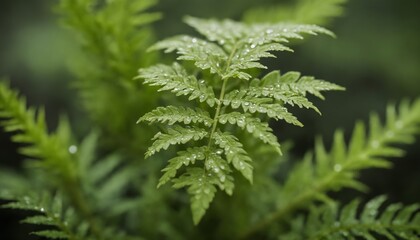 Lush green fern leaves glisten with morning dew in a tranquil forest setting during a foggy dawn