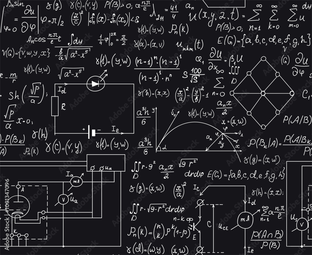 Poster physics vector seamless educational background with handwritten formulas and calculations