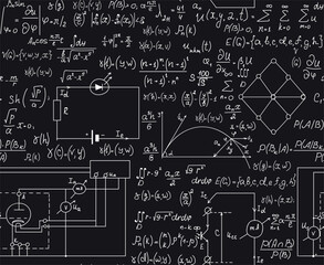 Physics vector seamless educational background with handwritten formulas and calculations