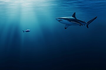 A large shark swimming towards a smaller fish in the deep, dimly lit ocean, showcasing marine life and underwater survival.